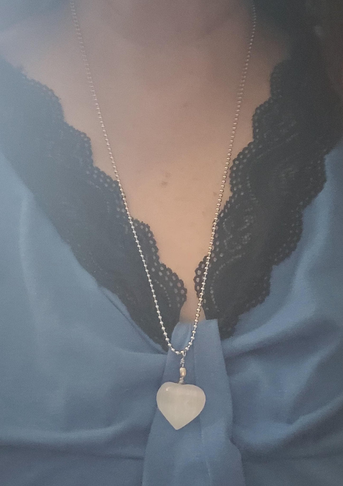 Selenite Satin Spar Heart Charm Pendant with 30" Stainless Steel Silver Ball Chain Necklace