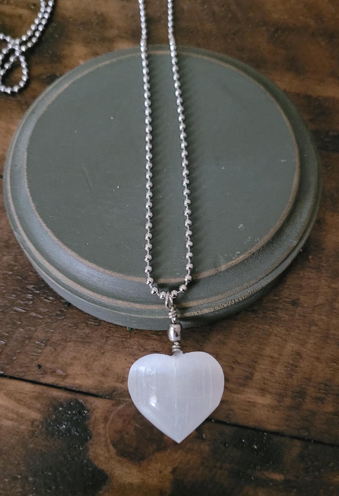 Selenite Satin Spar Heart Charm Pendant with 30" Stainless Steel Silver Ball Chain Necklace