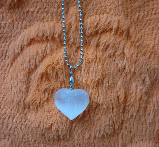 Selenite Satin Spar Heart Charm Pendant with 30" Stainless Steel Silver Ball Chain Necklace