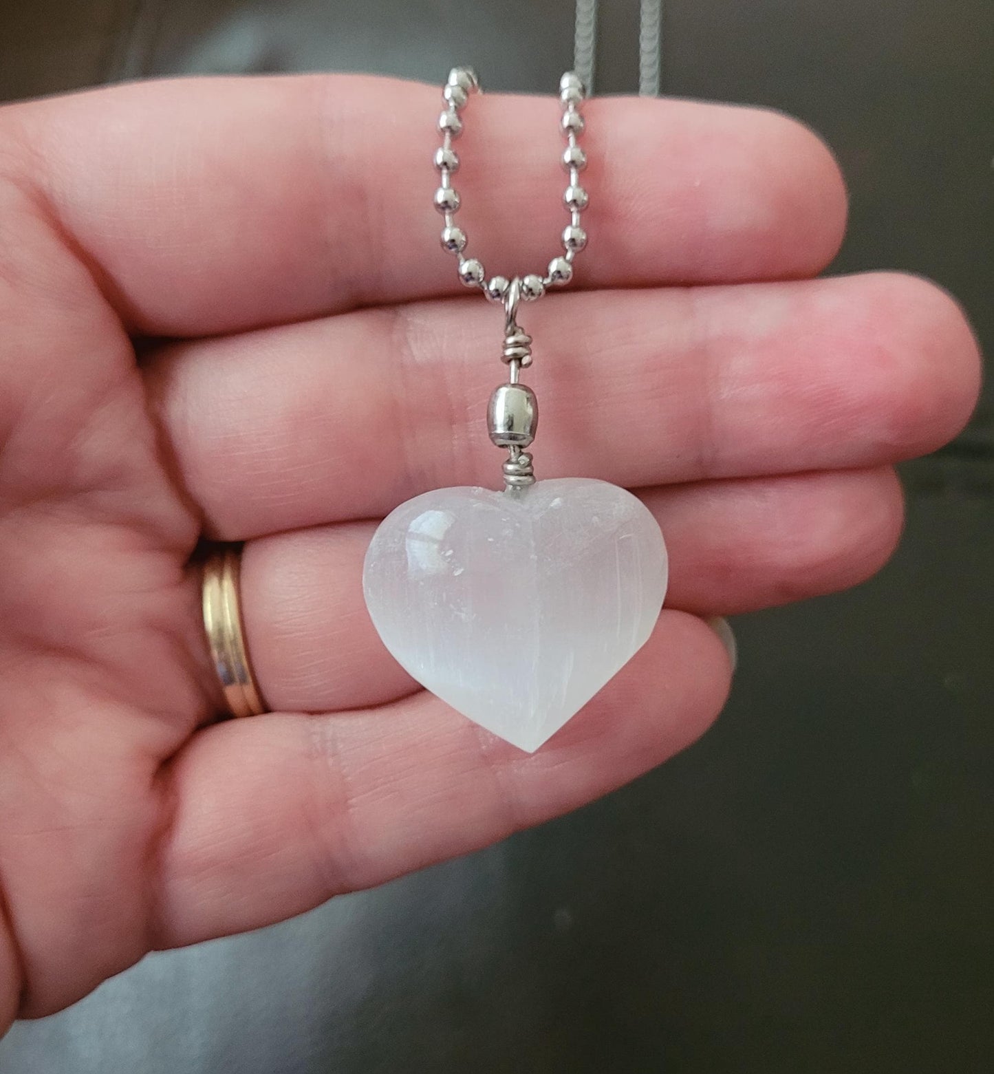 Selenite Satin Spar Heart Charm Pendant with 30" Stainless Steel Silver Ball Chain Necklace